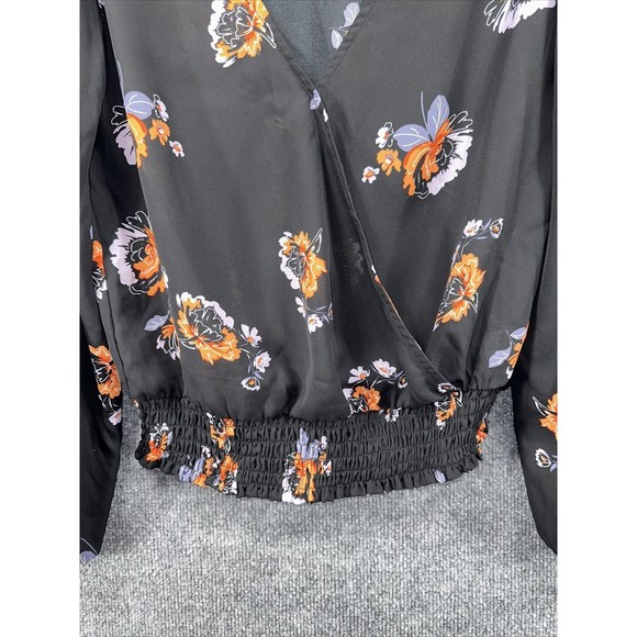 Socialite Blouse Women's Sz S Floral Wrap Black Long‎ Sleeve Elastic Chiffon Top - Picture 3 of 10